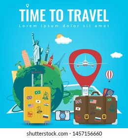 Travel composition with famous world landmarks. Travel and Tourism concept. Vector illustration