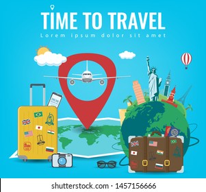 Travel composition with famous world landmarks. Travel and Tourism concept. Vector illustration