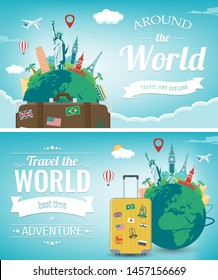 Travel composition with famous world landmarks. Travel and Tourism concept. Vector illustration