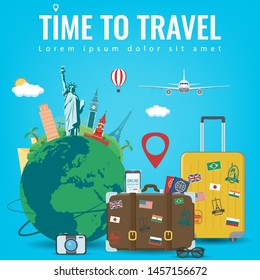 Travel composition with famous world landmarks. Travel and Tourism concept. Vector illustration