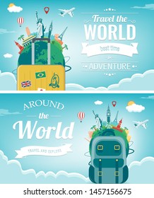 Travel composition with famous world landmarks. Travel and Tourism concept. Vector illustration