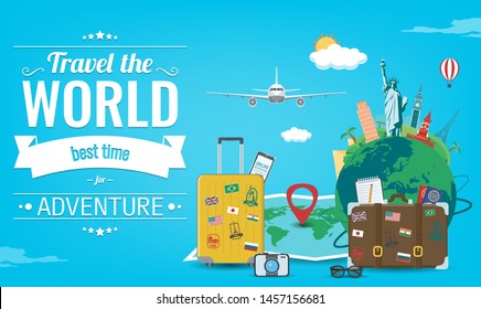 Travel composition with famous world landmarks. Travel and Tourism concept. Vector illustration