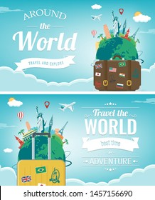 Travel composition with famous world landmarks. Travel and Tourism concept. Vector illustration