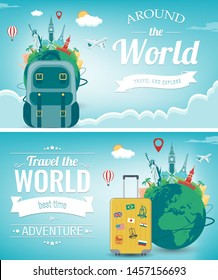 Travel composition with famous world landmarks. Travel and Tourism concept. Vector illustration