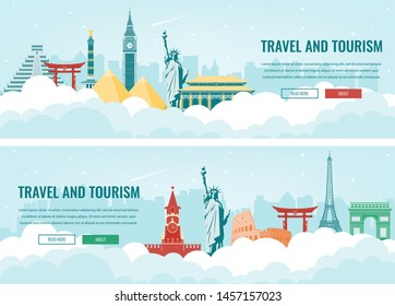 Travel composition with famous world landmarks. Travel and Tourism concept. Vector illustration