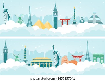 Travel composition with famous world landmarks. Travel and Tourism concept. Vector illustration
