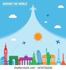 Travel composition with famous world landmarks. Travel and Tourism concept. Vector illustration
