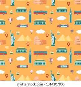 Travel composition with famous world landmarks. Seamless pattern. Vector illustration