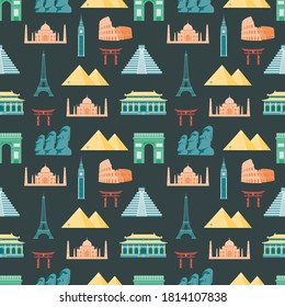 Travel composition with famous world landmarks. Seamless pattern. Vector illustration