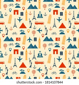 Travel composition with famous world landmarks. Seamless pattern. Vector illustration