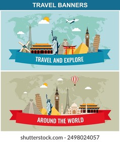 Composición de viajes con Lugares famosos de renombre mundial. Ilustración vectorial