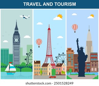 Travel composition with famous world landmarks. Travel and Tourism. Concept website template. Vector. Modern flat design.