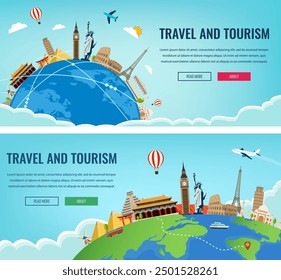 Travel composition with famous world landmarks. Travel and Tourism. Concept website template. Vector illustration. Modern flat design.