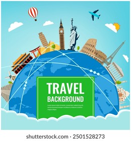 Travel composition with famous world landmarks. Travel and Tourism. Concept website template. Vector. Modern flat design.