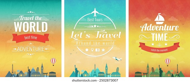 Travel composition with famous world landmarks and vintage badge. Travel and Tourism. Abstract background. Vector illustration