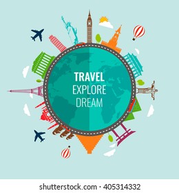 Travel composition with famous World Landmarks icons. Vector Illustration