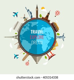 Travel composition with famous World Landmarks icons. Vector Illustration