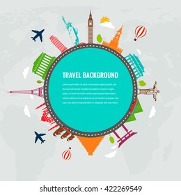 Travel composition with famous world landmarks icons. Vector Illustration