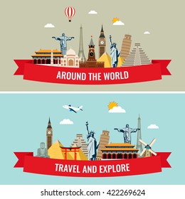 Travel composition with famous world landmarks icons. Vector Illustration