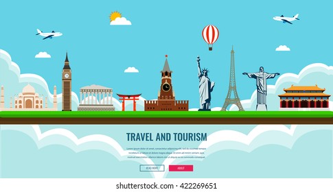 Travel composition with famous world landmarks. Travel and Tourism. Concept website template. Vector illustration. Modern flat design.