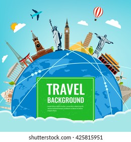 Travel composition with famous world landmarks. Travel and Tourism concept. Vector illustration. Modern flat design.