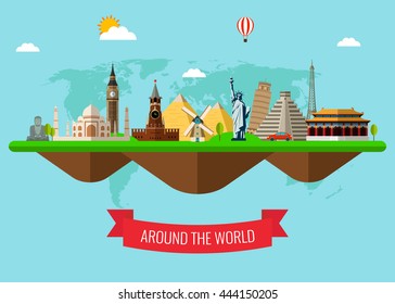 Travel composition with famous world landmarks. Travel and Tourism. Concept website template. Vector illustration. Modern flat design.