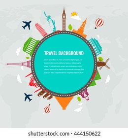 Travel composition with famous world landmarks icons. Vector Illustration