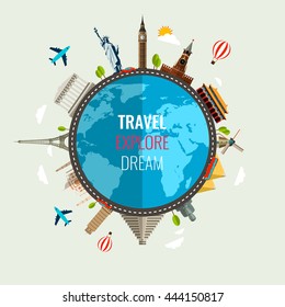 Travel composition with famous World Landmarks icons. Vector Illustration