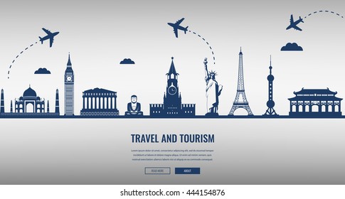 Travel composition with famous world landmarks. Travel and Tourism. Concept website template. Vector illustration. Modern flat design.