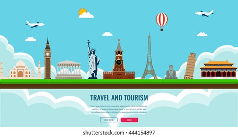 Travel composition with famous world landmarks. Travel and Tourism. Concept website template. Vector illustration. Modern flat design.