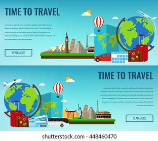 Travel composition with famous world landmarks. Travel and Tourism. Concept website template. Vector illustration. Modern flat design.