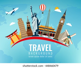 Travel composition with famous world landmarks. Travel and Tourism. Vector illustration. Modern flat design.