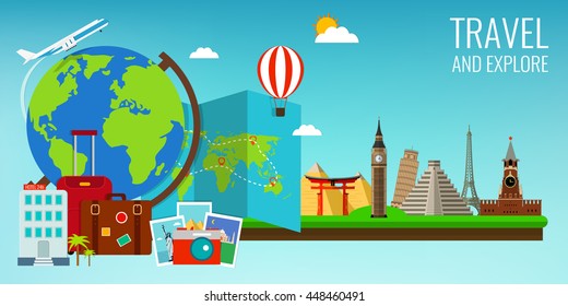 Travel composition with famous world landmarks. Travel and Tourism. Concept website template. Vector illustration. Modern flat design.