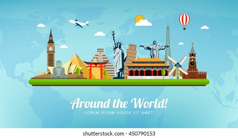 Travel composition with famous world landmarks. Travel and Tourism. Vector illustration. Modern flat design.