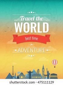 Travel composition with famous world landmarks and vintage badge. Travel and Tourism. Abstract background. Vector illustration