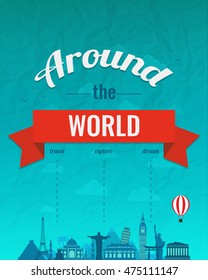 Travel composition with famous world landmarks and vintage badge. Travel and Tourism. Abstract background. Vector illustration