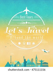 Travel composition with famous world landmarks and vintage badge. Travel and Tourism. Abstract background. Vector illustration