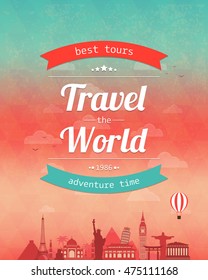 Travel composition with famous world landmarks and vintage badge. Travel and Tourism. Abstract background. Vector illustration