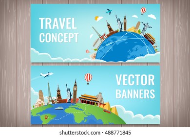 Travel composition with famous world landmarks. Travel and Tourism. Concept website template. Vector illustration. Modern flat design.