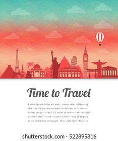 Travel composition with famous world landmarks. Travel and Tourism. Vector. Modern flat design