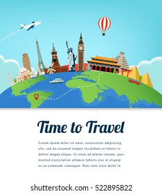 Travel composition with famous world landmarks. Travel and Tourism. Vector. Modern flat design