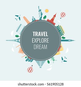 Travel composition with famous World Landmarks icons. Vector 