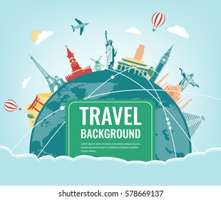 Travel composition with famous world landmarks. Vector illustration