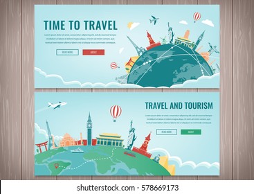 Travel composition with famous world landmarks. Travel and Tourism. Concept website template. Vector. Modern flat design.