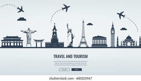 Travel composition with famous world landmarks. Travel and Tourism. Concept website template. Vector illustration