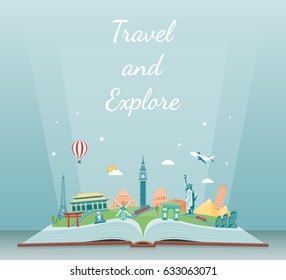 Travel composition with famous world landmarks. Travel and Tourism. Vector illustration