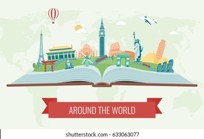 Travel composition with famous world landmarks. Travel and Tourism. Vector illustration
