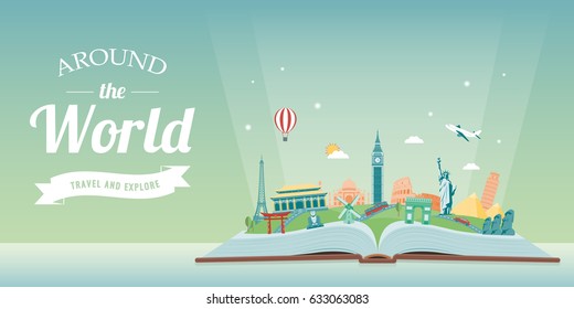 Travel composition with famous world landmarks. Travel and Tourism. Vector illustration