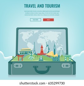 Travel composition with famous world landmarks. Travel and Tourism. Concept website template. Vector illustration