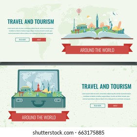 Travel composition with famous world landmarks. Travel and Tourism. Concept website template. Vector. 